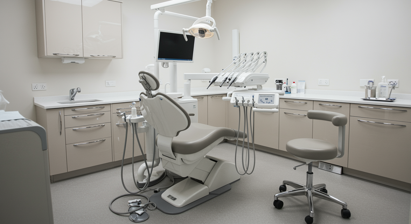Cosmetic dentistry treatment room with modern dental chair and stylish interiors in a clean, inviting dental clinic