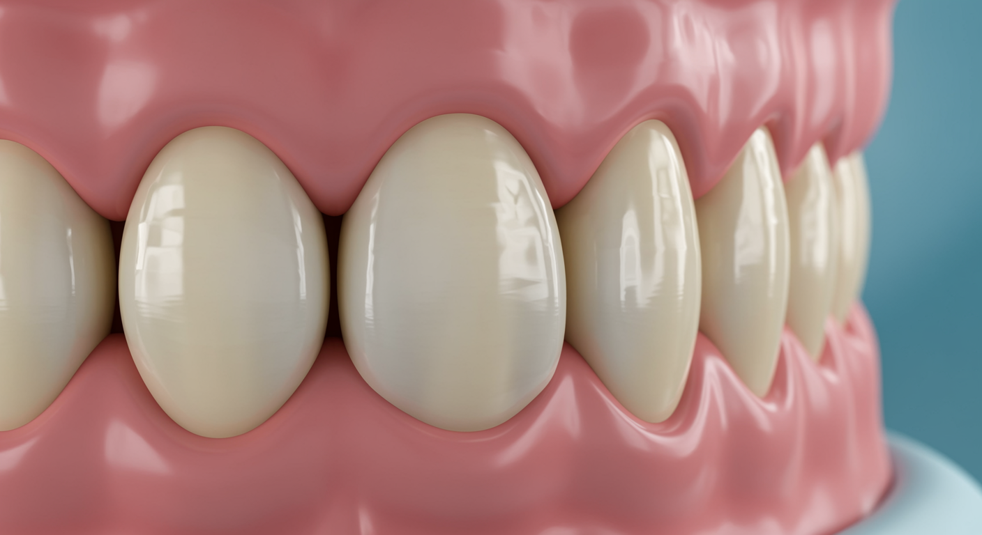 Close-up photo of a natural-looking dental crown on a healthy tooth in a modern dental treatment room, representing professional dental crown services