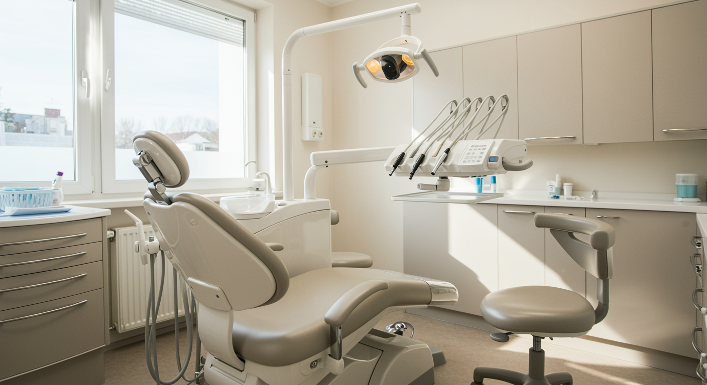 Clean and modern dental clinic operatory with a pristine dental chair and professional atmosphere for dental cleaning services