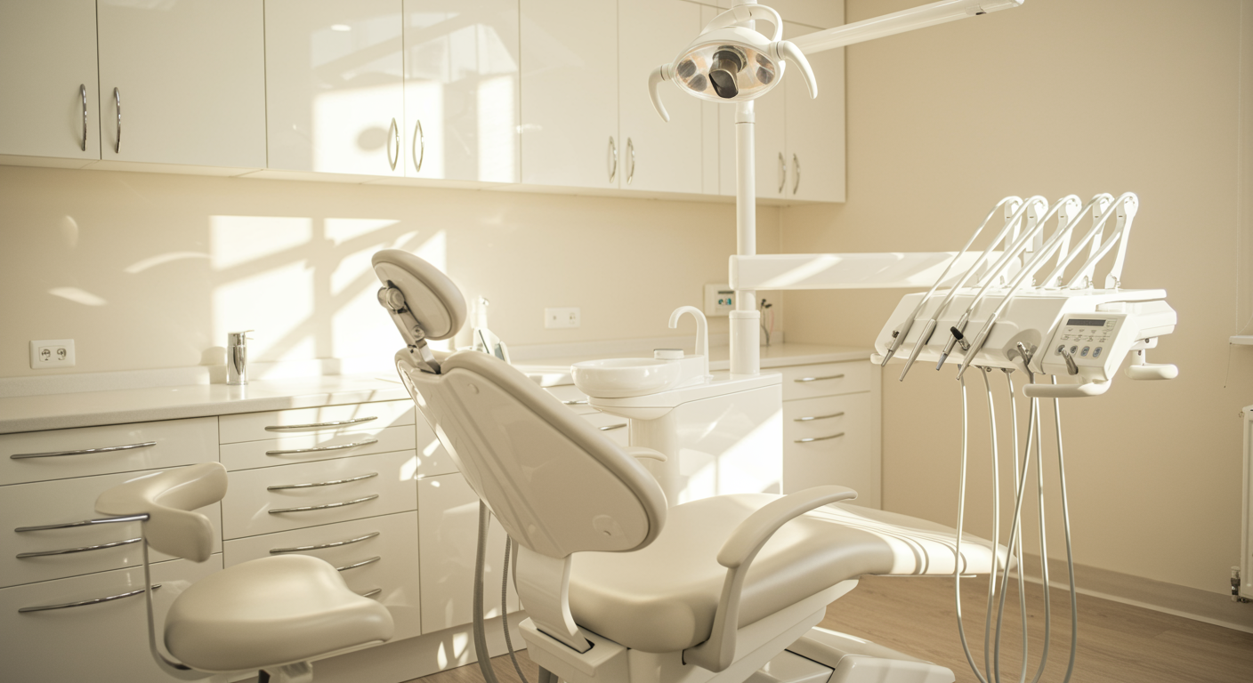 modern dental exam room with a pristine dental chair and spotless cabinetry in a professional dental clinic