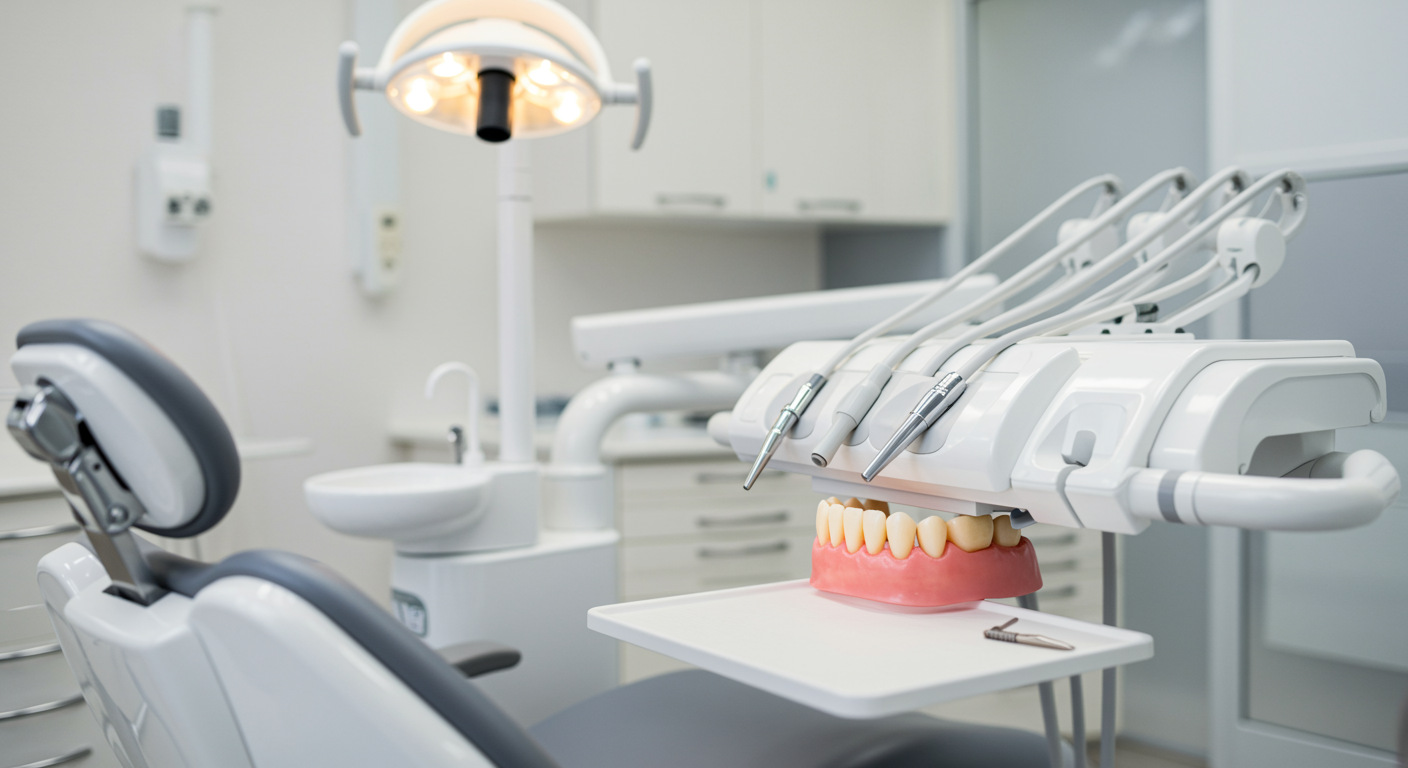 Clean dental implant in place in a modern dental treatment room with bright lighting and contemporary decor