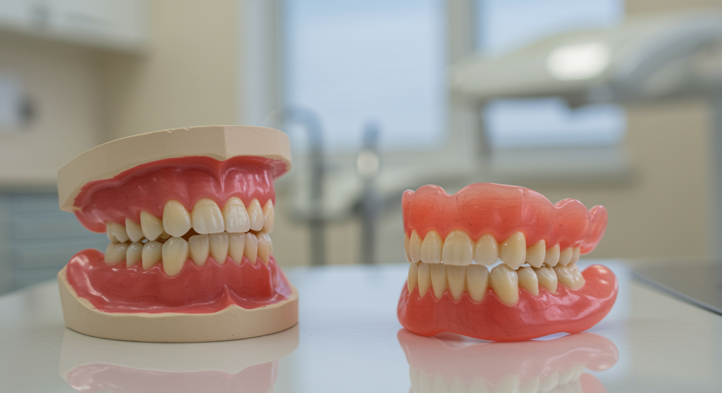 Set of natural-looking dentures displayed in a modern dental treatment room with warm colors and chrome fixtures