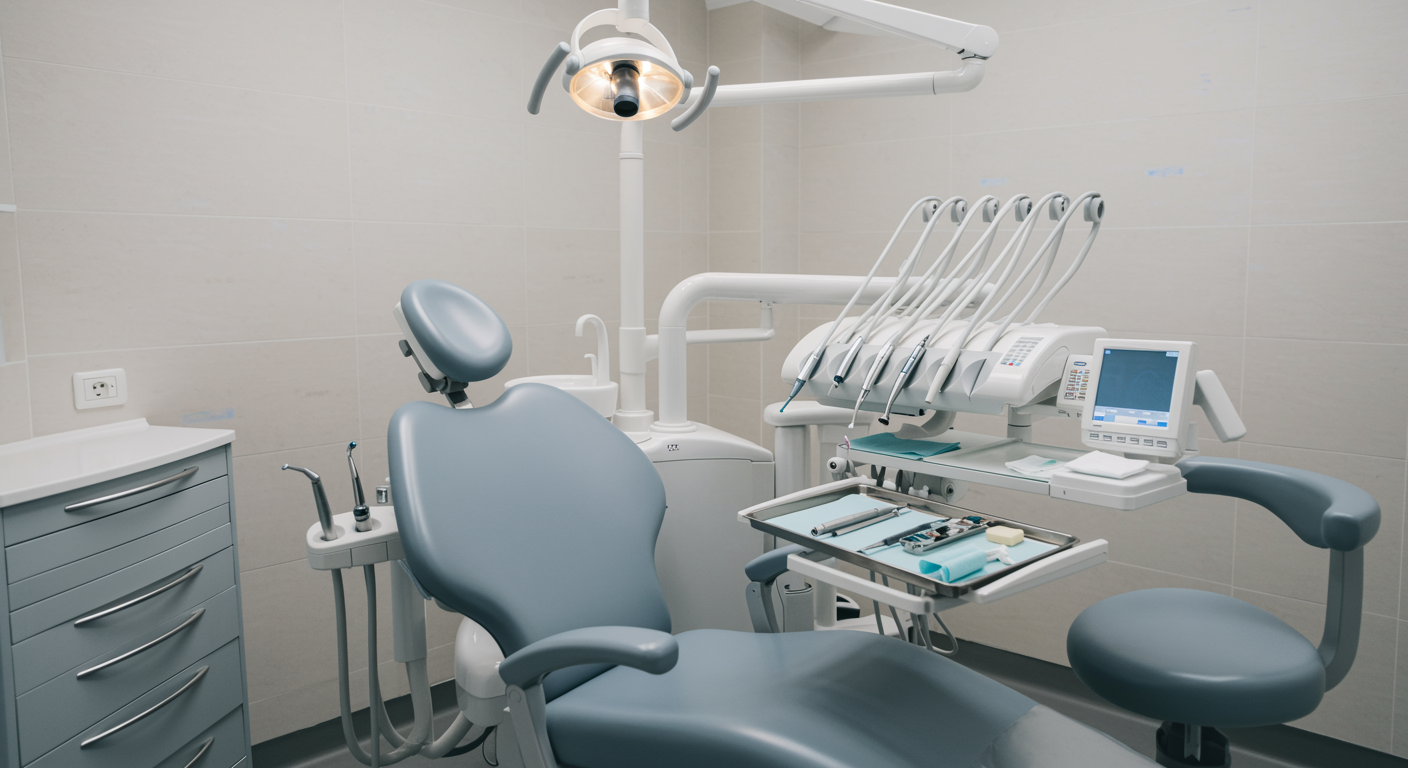 Clean and modern dental operatory featuring a contemporary dental chair and equipment, ideal for emergency dental care services