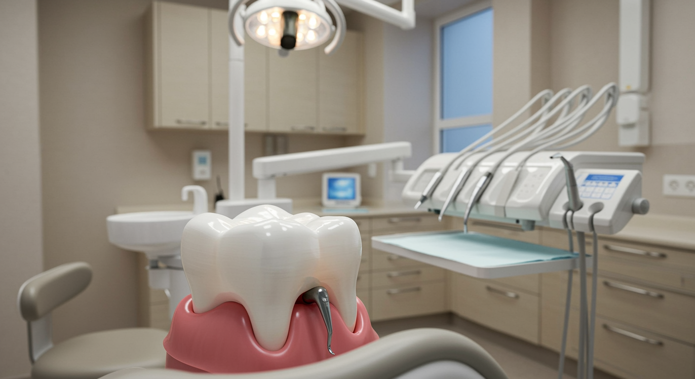 Restored tooth with white dental filling in a modern dental operatory, highlighting professional dental service