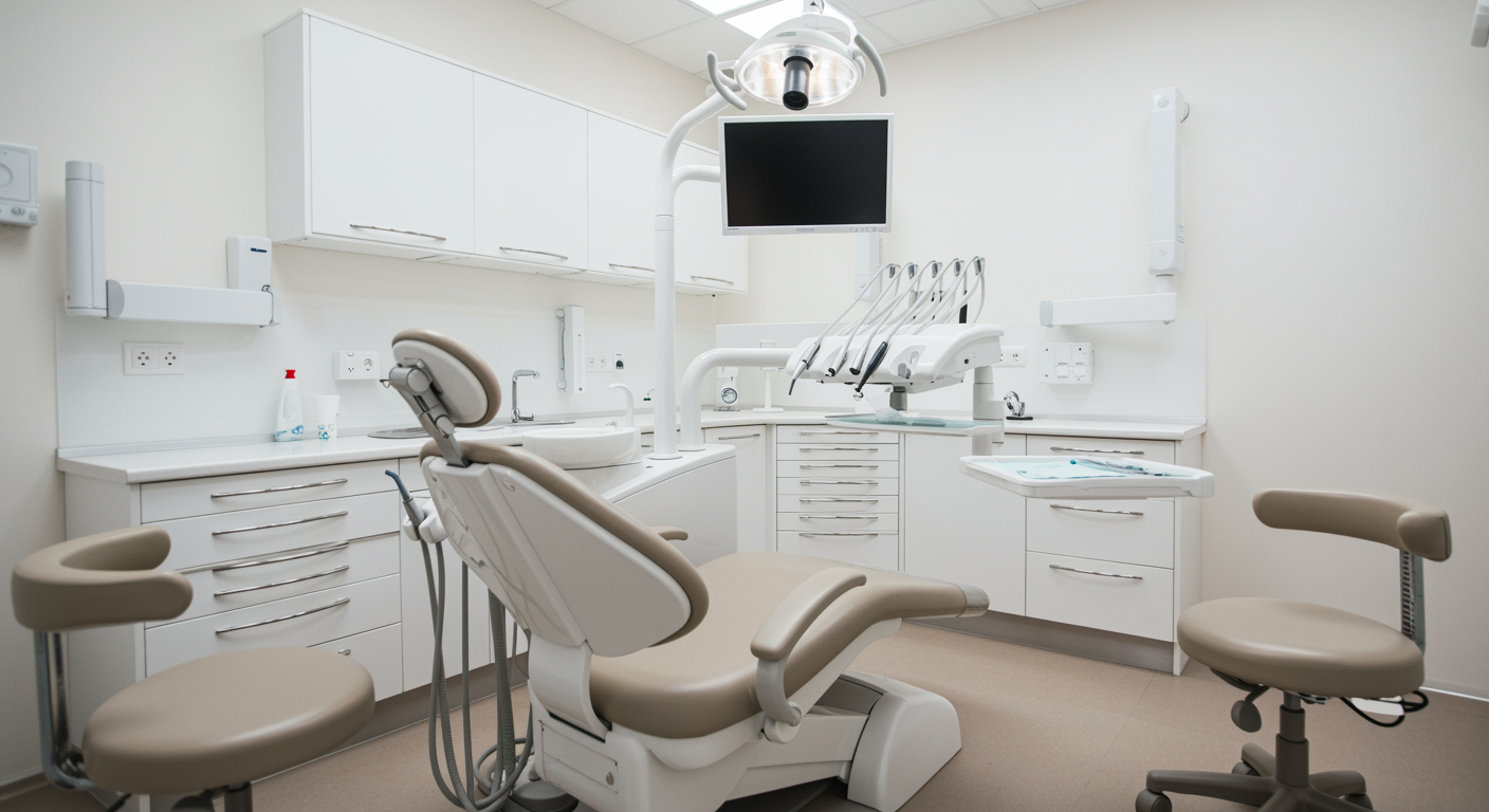 Clean dental operatory with modern equipment and comfortable chair, showcasing a fresh and welcoming space after gum treatment