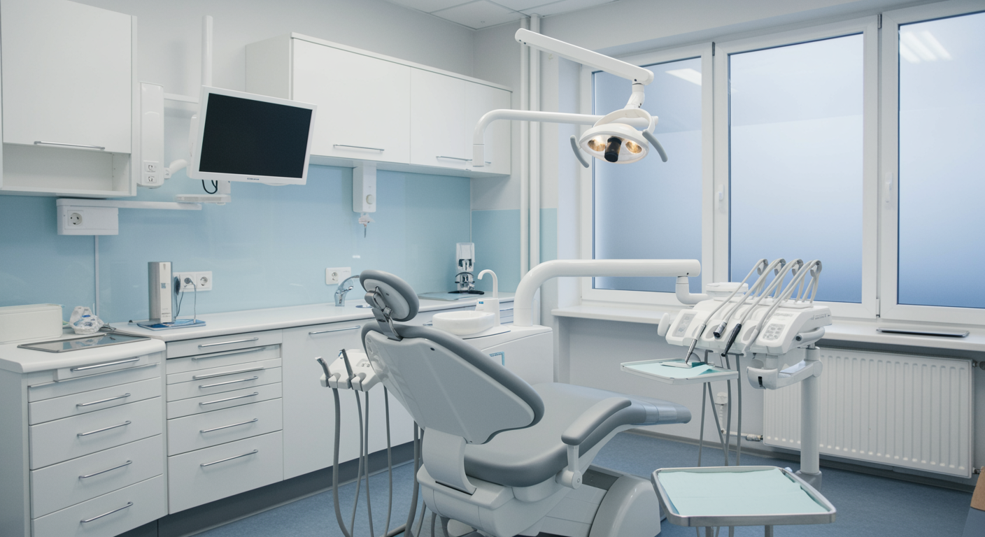 Modern dental treatment room set up for root canal procedure with clean dental chair, overhead light, and organized equipment, no people