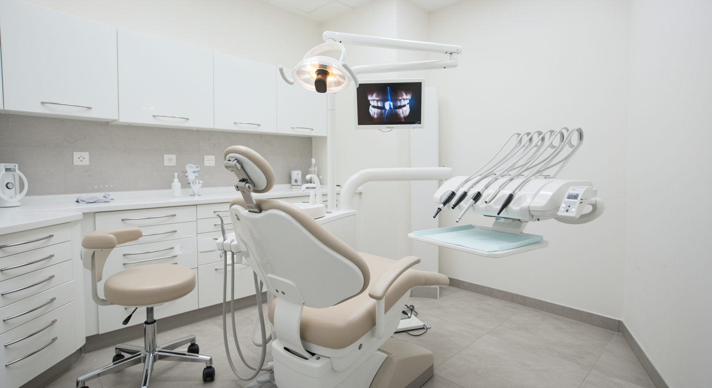 Modern dental office treatment room with sleek chair and clean surfaces, reflecting professional teeth whitening results