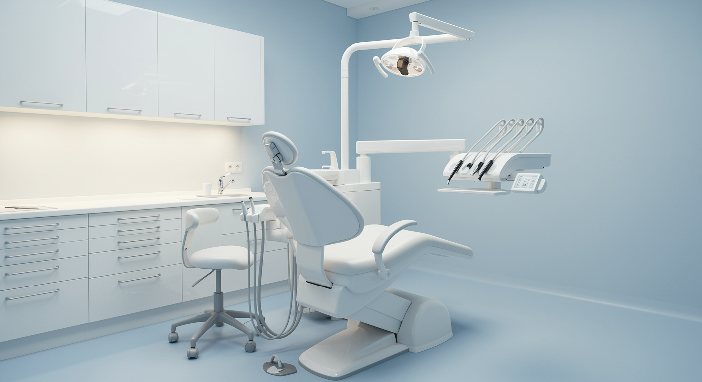 Modern dental operatory with professional equipment for tooth extractions, featuring a clean dental chair and white cabinetry